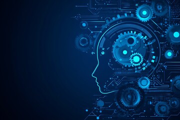 Obraz premium Artificial intelligence concept with human head profile and digital circuit. Machine learning, neural network, and cognitive computing technology on blue background with copy space