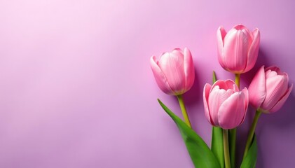 Obraz premium Soft pink tulips in gentle clusters on a soft purple gradient background, spring, garden