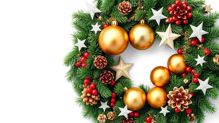 Festive Christmas Wreath with Gold Ornaments Pine Cones Stars