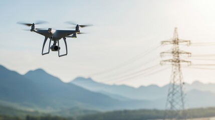 Inspection Electrical Systems Concept, Aerial Drone Scanning High Voltage Transmission Tower Against Mountain Landscape at Sunset