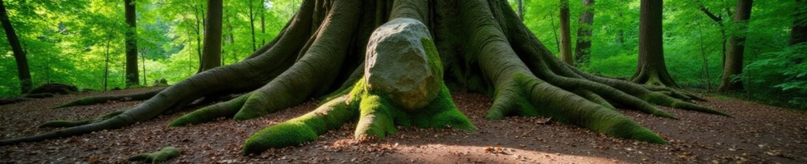 Fototapeta premium Towering tree roots surround a rugged stone marker, natural landscape, forest floor, wilderness area