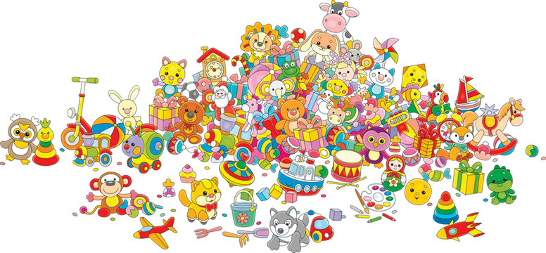 Large heap of colorful gifts, funny toys and sweets for little children, vector cartoon illustration isolated on a white background