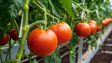 Ripe Red Tomatoes Growing on Vine in Greenhouse with Support Structures and Green Leaves  
