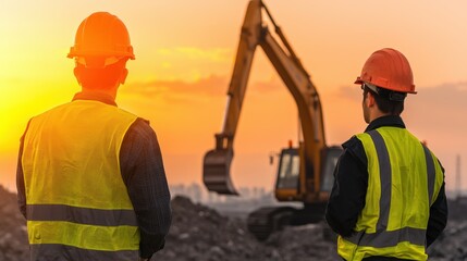 Inspection Environmental Impact Concept, Inspectors Evaluating Landfill Site for Environmental Standards Under Sunset Glow