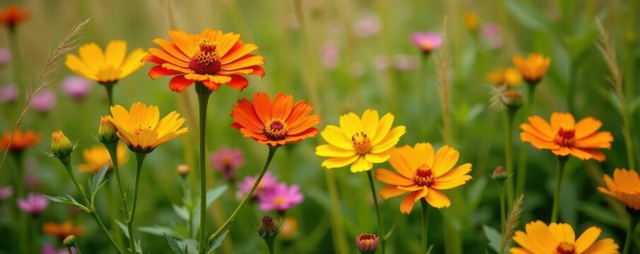 Yellow zinnias and cosmos in a colorful mix amidst a garden of tall grasses and wildflowers, cosmos, zinnias