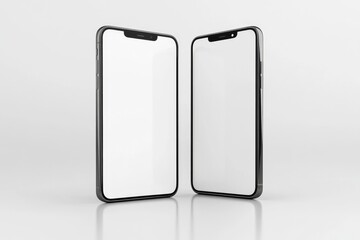 Two modern smartphones, side-by-side, display blank white screens.  Sleek, minimalist design