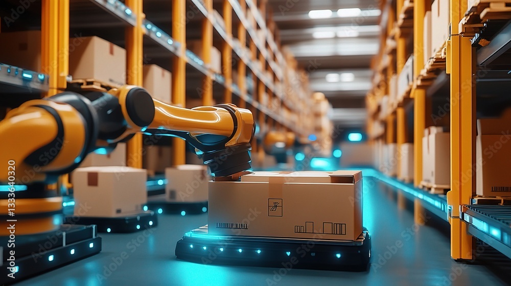 Poster efficient robots sorting packages in a modern warehouse setting
