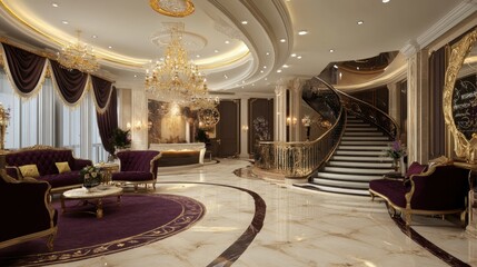 Obraz premium Grandiose historical hotel lobby with vintage chandeliers, antique furniture, and marble floors