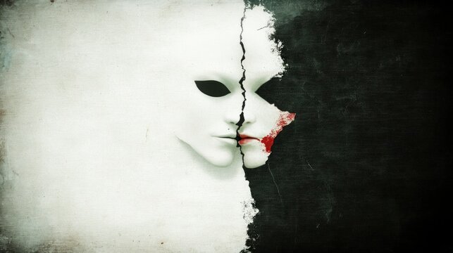 Dual Masks  Dark Light  Broken Identity  Grunge Texture  Abstract Art