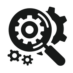 Magnifying glass icon focusing on gears for mechanics and engineering analysis concept on a transparent background
