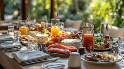 High-end hotel breakfast with a selection of cheeses, smoked salmon, and fresh juice on a beautifully set table.