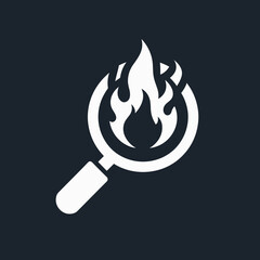 Magnifying glass icon with flame symbol for fire inspection and safety awareness concept on a black background
