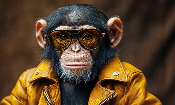 A stylish monkey wearing glasses and a leather jacket, posing confidently against a textured backdrop