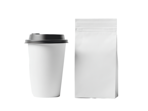 Isolated Paper Coffee Cup with Black Lid and Sealed Bag