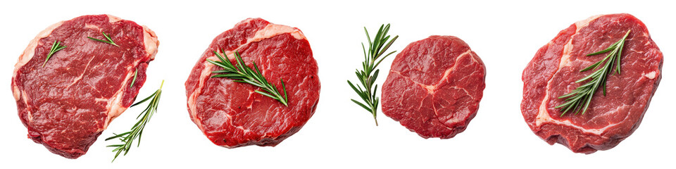 Obraz premium Assortment of fresh raw beef steaks with sprigs of rosemary showcasing the natural marbling and texture of premium meat cuts