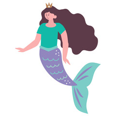 Sea mermaid woman flat style vector cartoon illustration