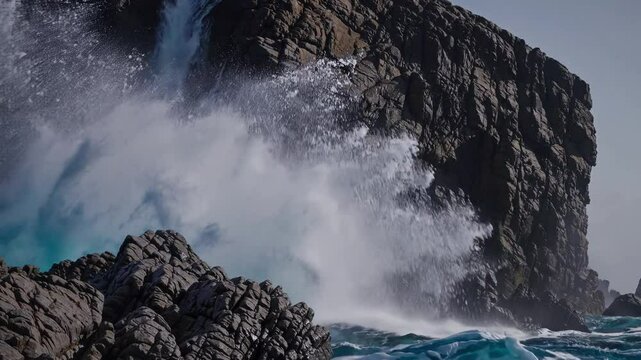 Majestic Ocean Waves Crash Against Rugged Rocky Shoreline in a Coastal Landscape