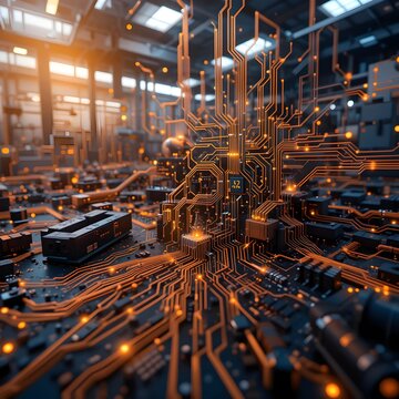 Circuitry blending into a factory image illustrating Industry 4.0
