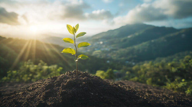 Young Tree Growing on Mountain Hilltop with Sunrise and Green Valley. A small sapling growing on a hilltop, bathed in morning sunlight