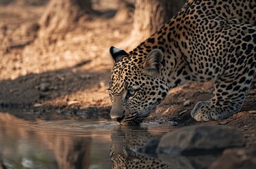 Fototapeta premium A Majestic Leopard Drinking Water at Dawn Amidst a Serene Natural Landscape, Showcasing Beautiful Spots and Intense Focus on Its Surroundings