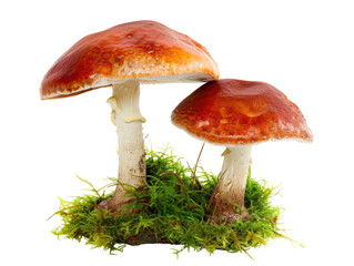 Isolated Pair of Reddish-Brown Mushrooms on Vivid Green Moss