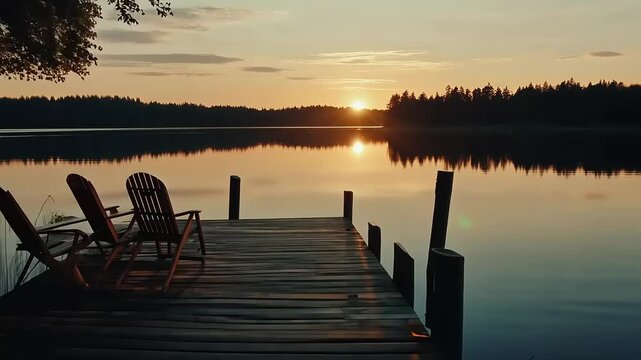 A serene lakeside view at sunset with chairs on a dock reflecting tranquility.