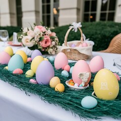 Obraz premium easter eggs in a basket with flowers