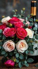 Obraz premium A bouquet of fresh roses and eucalyptus placed near a wine bottle, natural, luxury, refinement