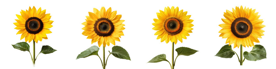 Naklejka premium A group of vibrant yellow sunflowers with lush green foliage blooming in a natural outdoor setting