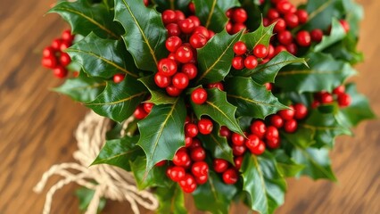 Obraz premium A bundle of fresh holly leaves wrapped in twine and ribbons, centerpiece, holly, holiday