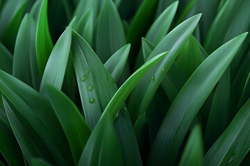 Obraz premium Closeup of Dew Covered Green Grass Blades in Sunlight