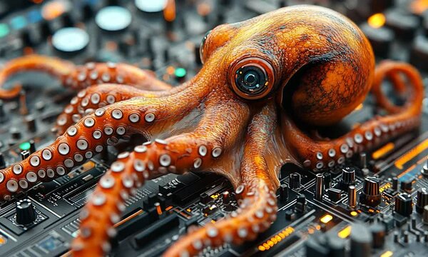 An octopus exploring a synthesizer, blending marine life with electronic music creation
