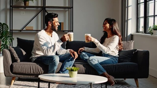 A Joyful Conversation: A South Asian Couple Enjoying Coffee Together in a Modern Living Room, Radiating Happiness and Connection Amidst Natural Light