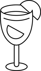Simple black line art illustration of a cocktail drink in a glass, garnished with lemon slices and ice cubes