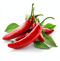 Fresh Red Chili Peppers with Leaves