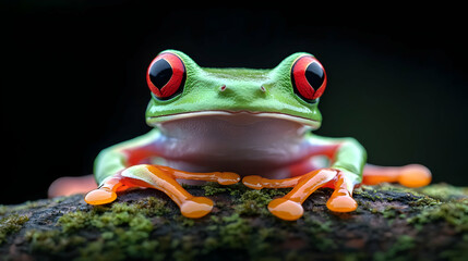 Fototapeta premium Close Up Of Vibrant Red Eyed Tree Frog On Moss