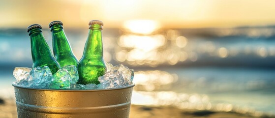 cold green beer bottles in metal ice bucket on beach 