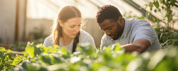 Obraz premium Two people examining plants growing inside a greenhouse setting