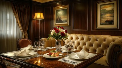 Room service dinner setup in a cozy hotel suite with warm dim lighting