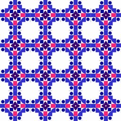 Seamless geometric pattern with blue and red circular and square shapes.
