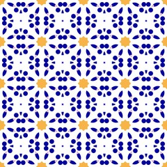 Seamless geometric pattern with blue and yellow shapes.