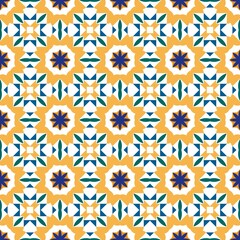 Seamless geometric pattern with vibrant colors and symmetrical shapes.