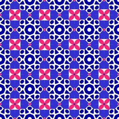 Seamless geometric pattern with blue and pink shapes.