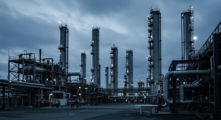 Steel refinery plant with towering distillation columns at twilight