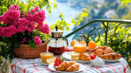 Seaside hotel breakfast table with fresh fruit, croissants, and a pot of French press coffee under the sun.