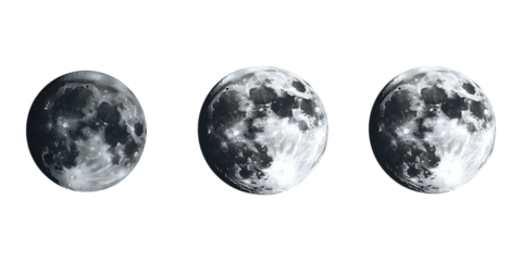Three contrasting phases of the moon showing surface texture isolated on a clean transparent background for educational or scientific material.