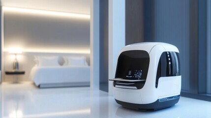 Fototapeta premium Smart hotel room service setup with an automated tray delivered by a futuristic robot