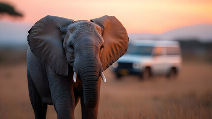 Obraz premium Majestic African Elephant at Sunset During a Safari Expedition