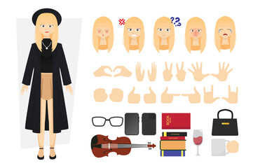 Flat character design vector of young woman or girl wearing outer and mini skirt with alternate various face expression angry, sad and love with finger hand pose and many accessories violin books bag