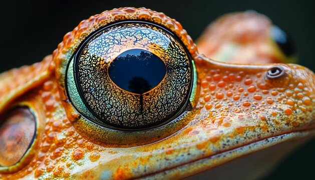 Close-up of a vibrant orange frog with intricate eye patterns reflecting a natural scene